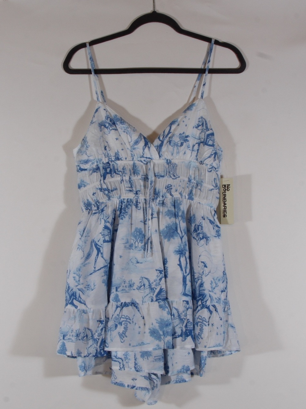 No Boundaries Vivid White & Blue Romper with Ruffle Skirt Size M 8-10 NWT